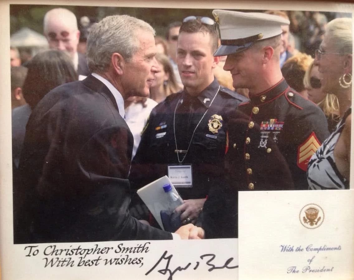 Christopher Smith, USMC Sergeant, with President George W. Bush — signed presidential photograph