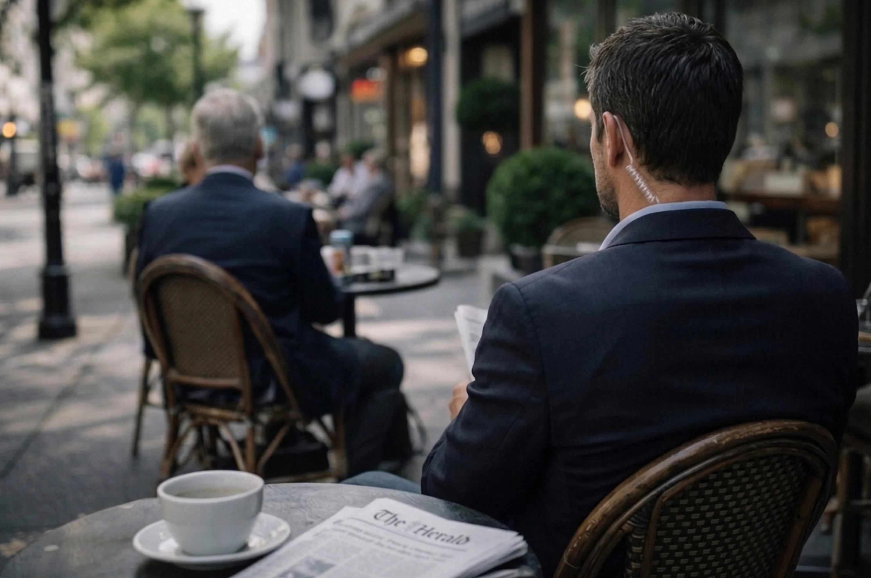 Plain-clothes operator discreetly monitoring surroundings at outdoor café