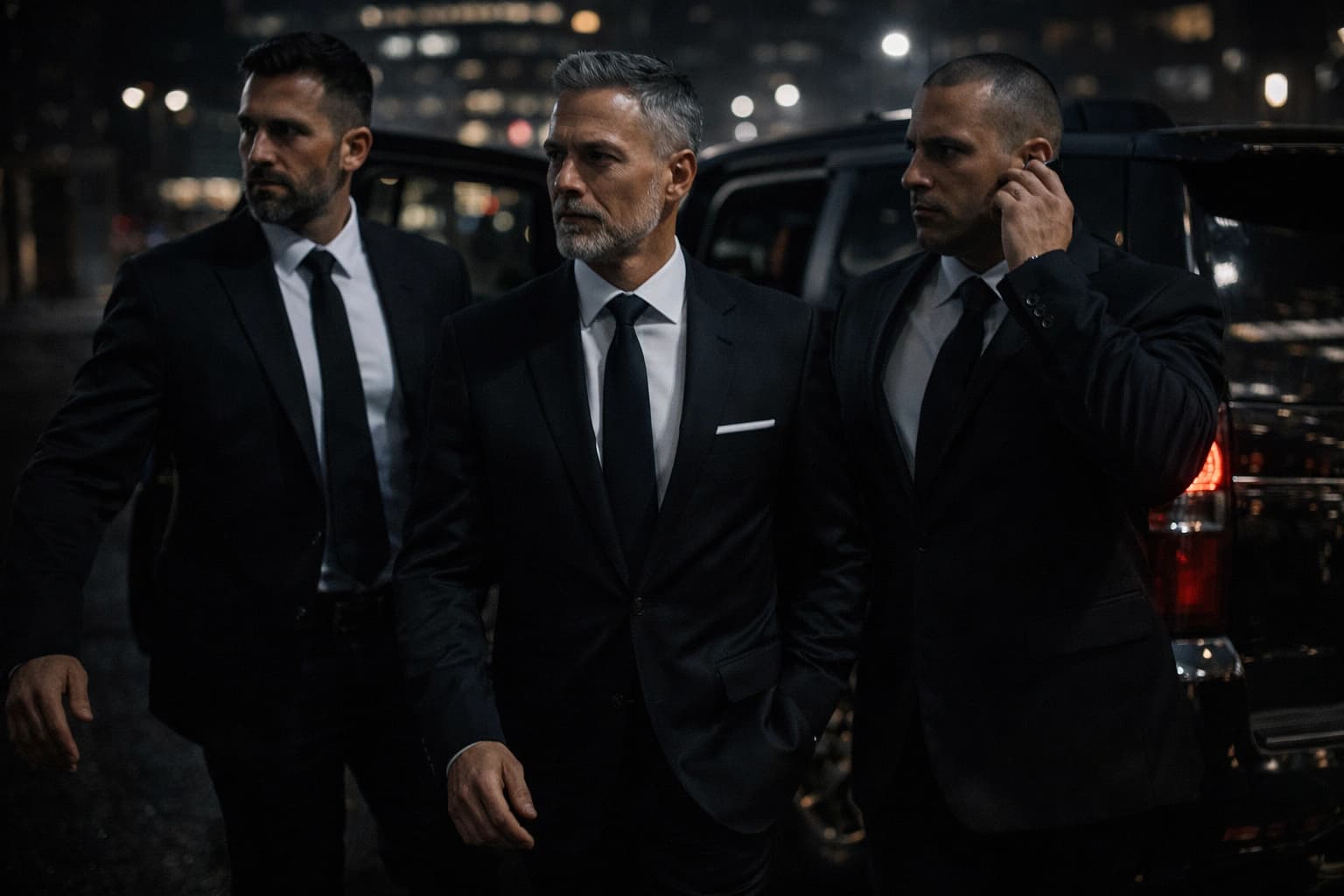 Full executive protection detail during high-end evening movement