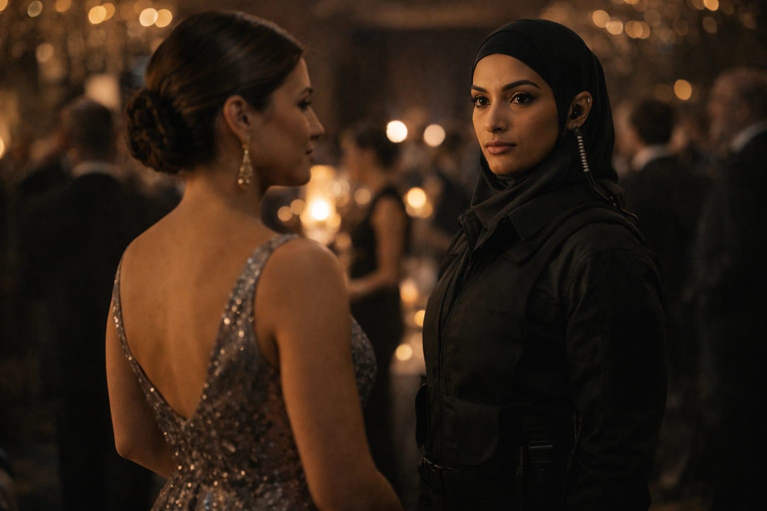 Female protection specialist providing security at a high-profile event