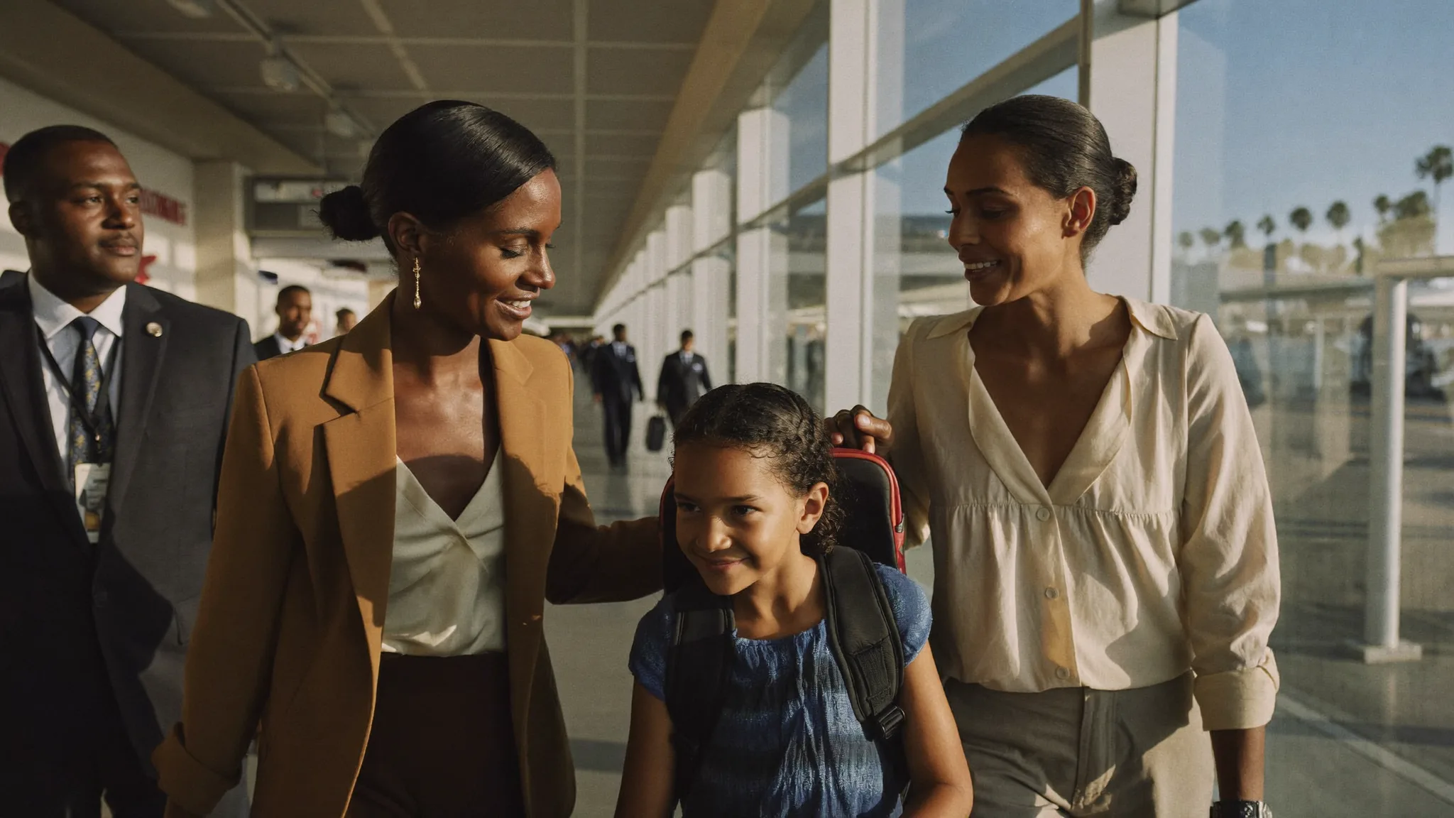 A Lioness Program specialist walking a mother and daughter through an airport terminal, carrying the child's bag