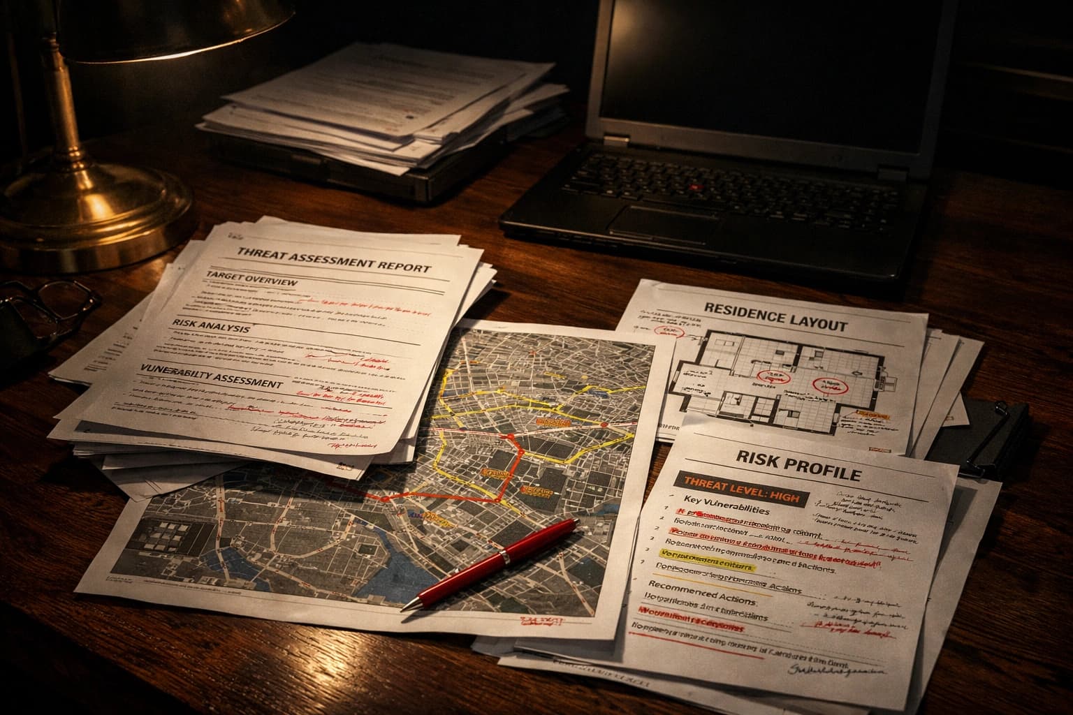 Threat assessment documents and route analysis on secure desk