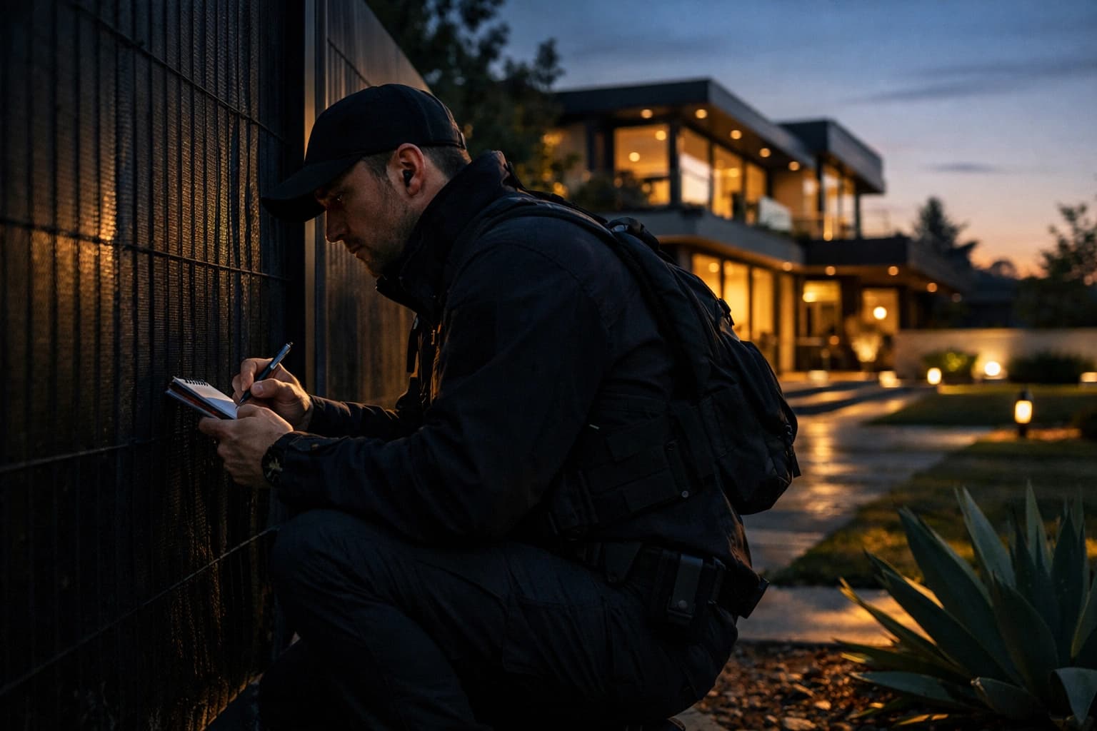 Specialist conducting residential security assessment at a luxury home