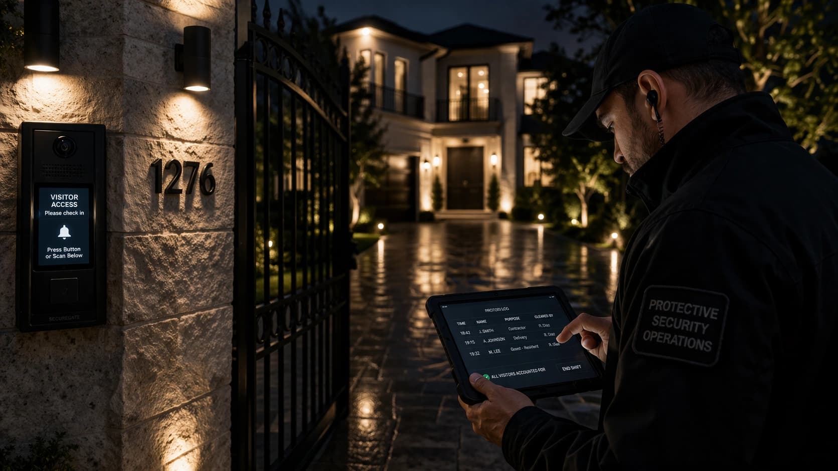 Security operator managing access control at a gated residence