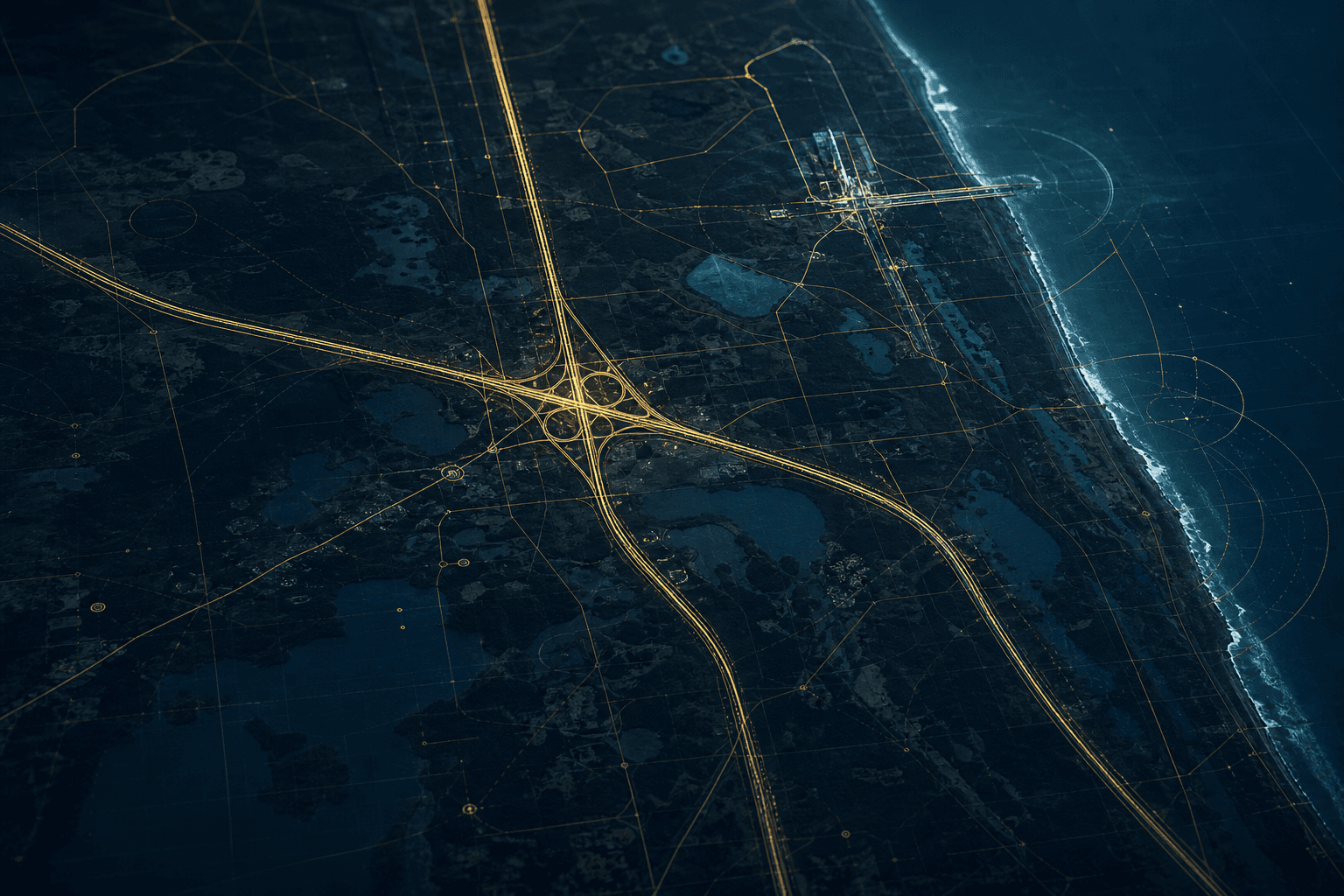 Abstract calendar overlay with launch window markers and travel pattern indicators on a Space Coast map background