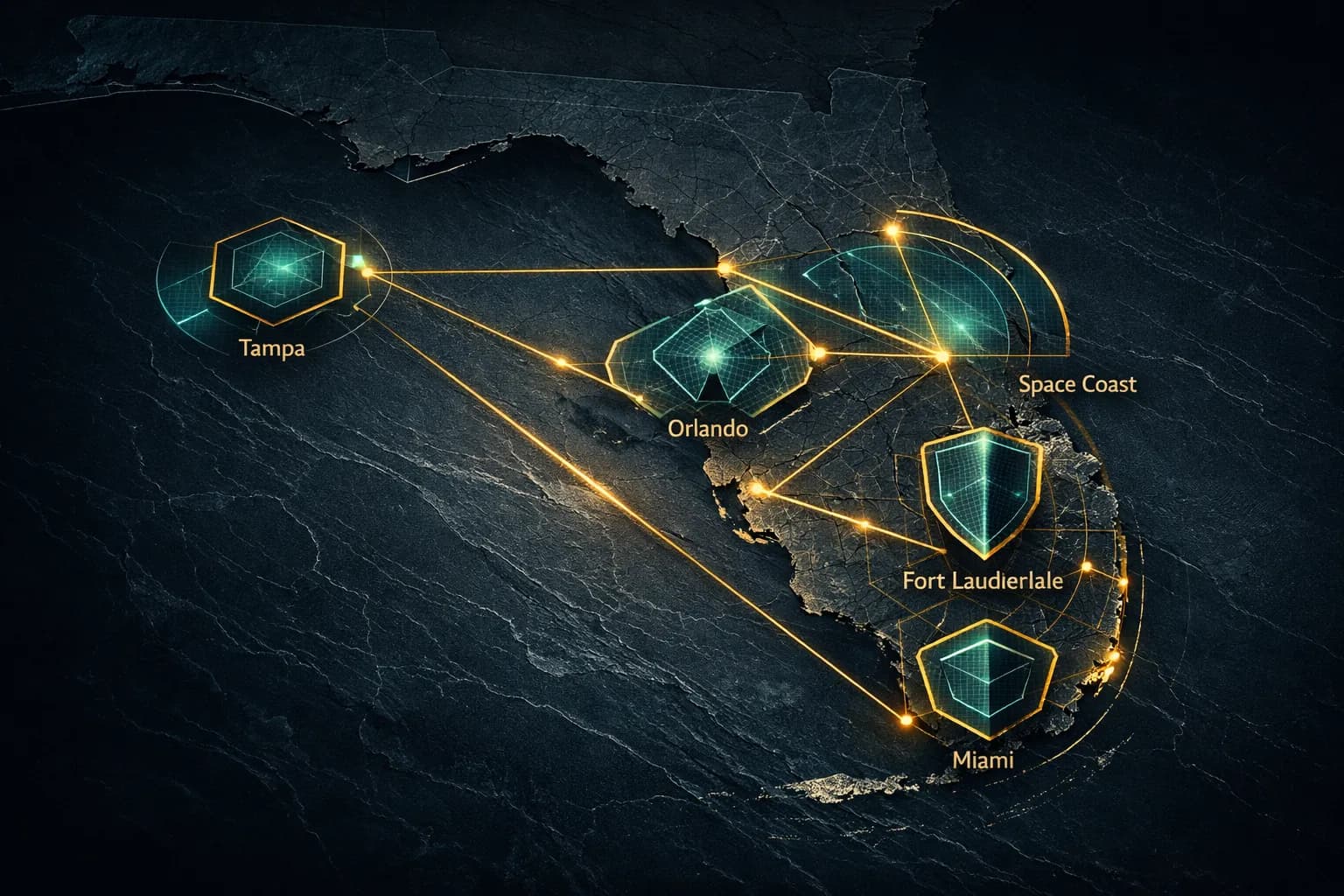 Abstract conceptual map of Florida highlighting executive protection operational zones including Space Coast, Orlando, Miami, and Tampa with strategic route overlays