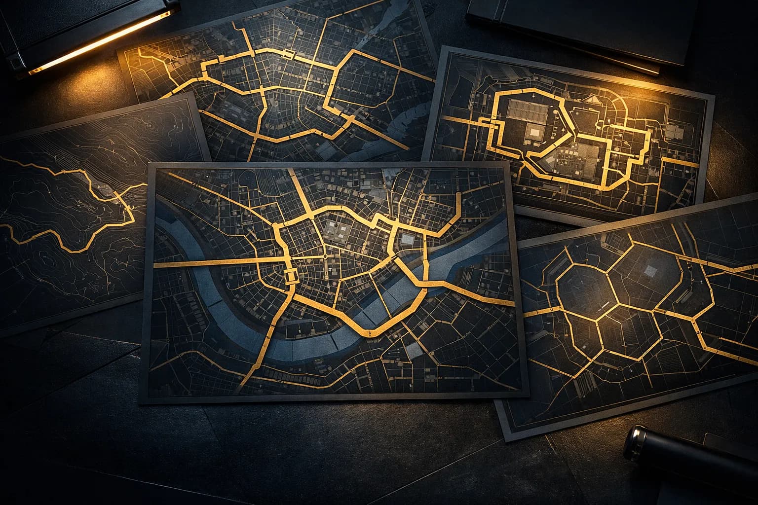Abstract overhead view of secure route planning maps with gold overlay lines on dark background representing executive protection advance work