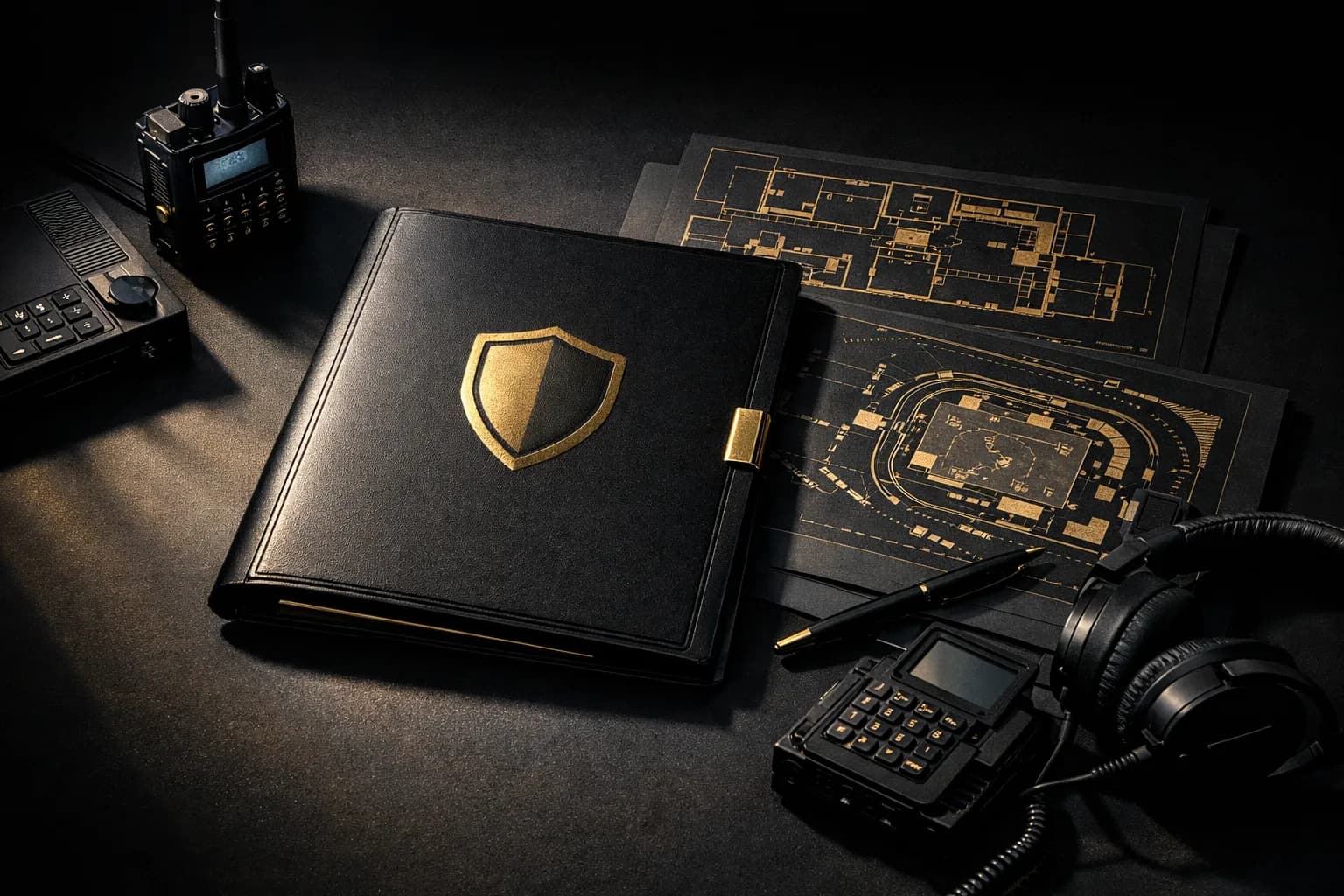 Conceptual image of secure operations briefing folder and venue diagrams on a dark surface with dramatic low lighting
