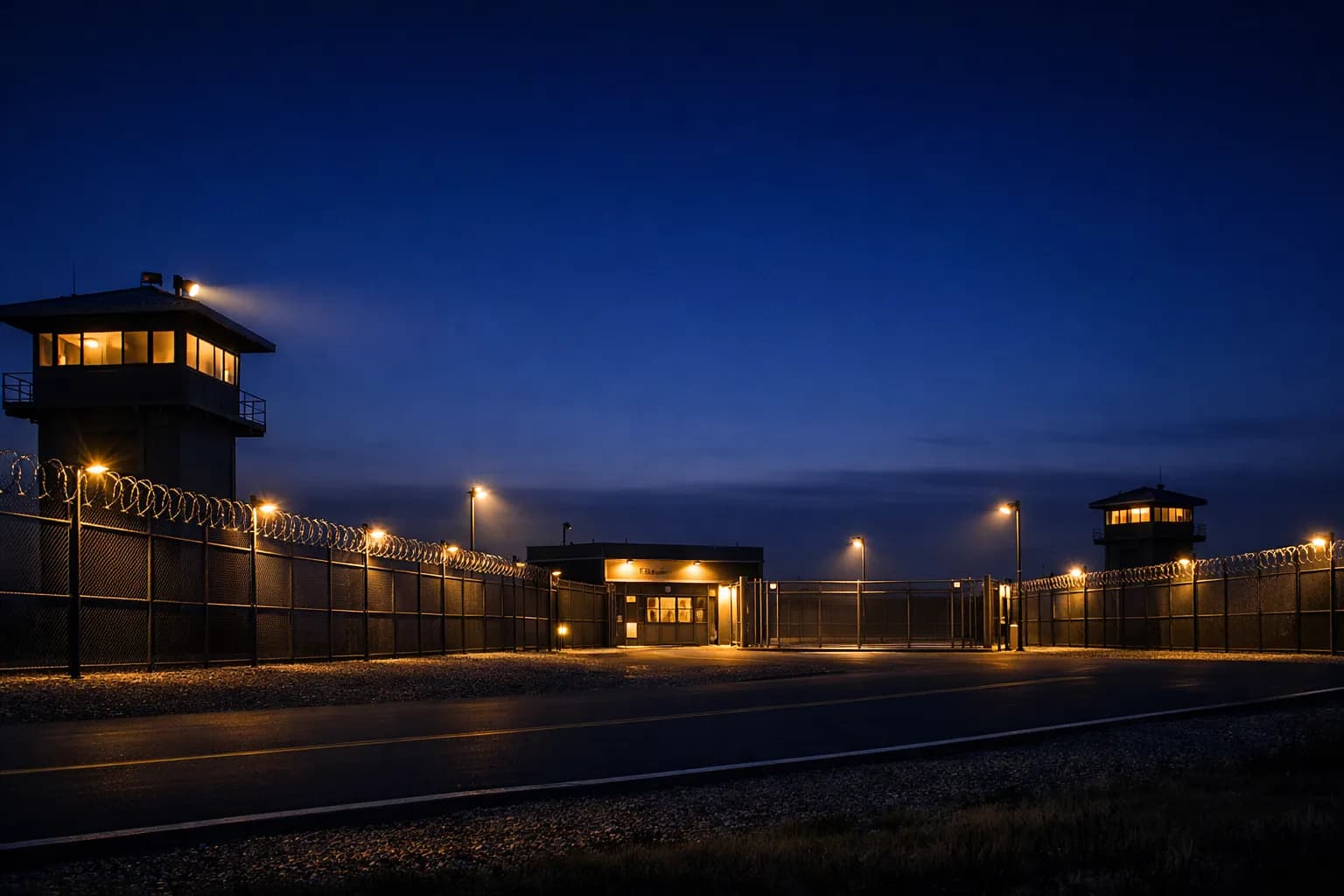 Abstract architectural image of secure perimeter and observation points with strategic lighting representing Kennedy Space Center security operations