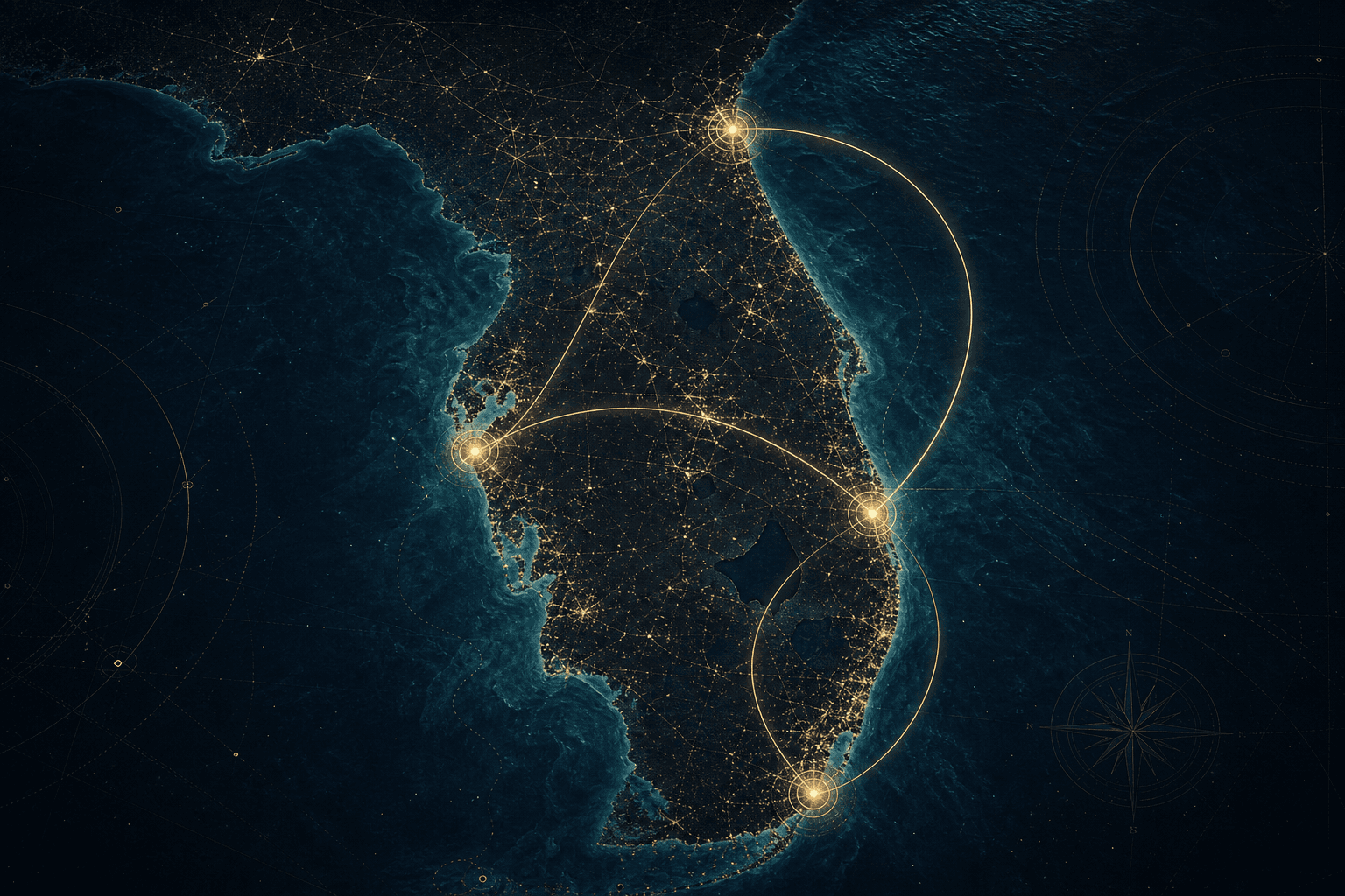 Conceptual map overlay of Florida cruise ports with route lines