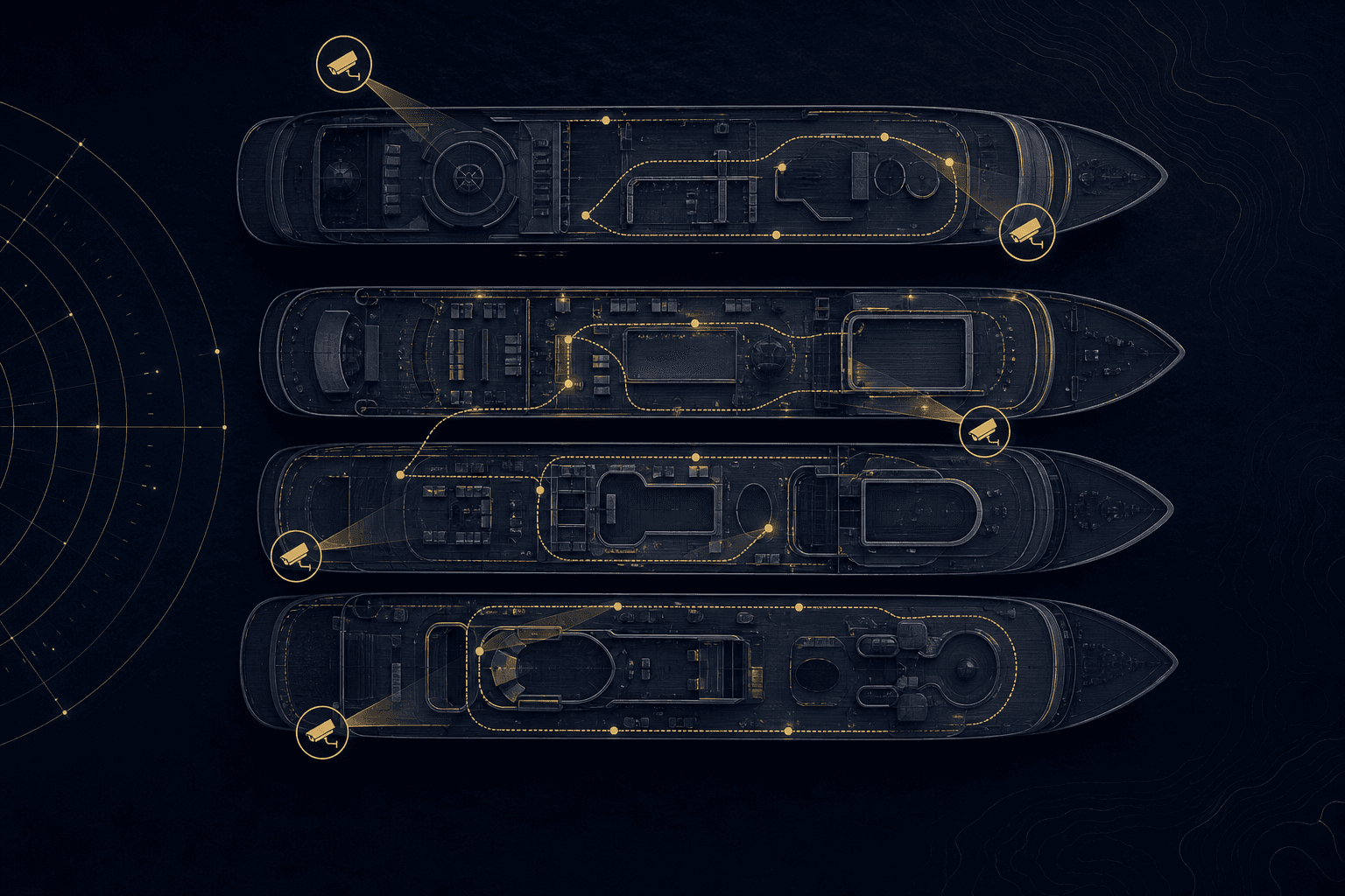 Abstract overhead view of a cruise ship deck grid with surveillance patterns