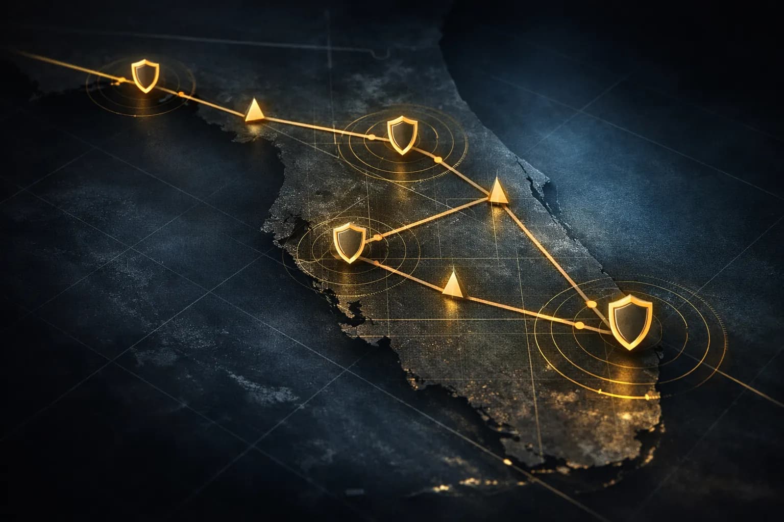 Abstract strategic route planning visualization with protective intelligence overlays on Florida map elements
