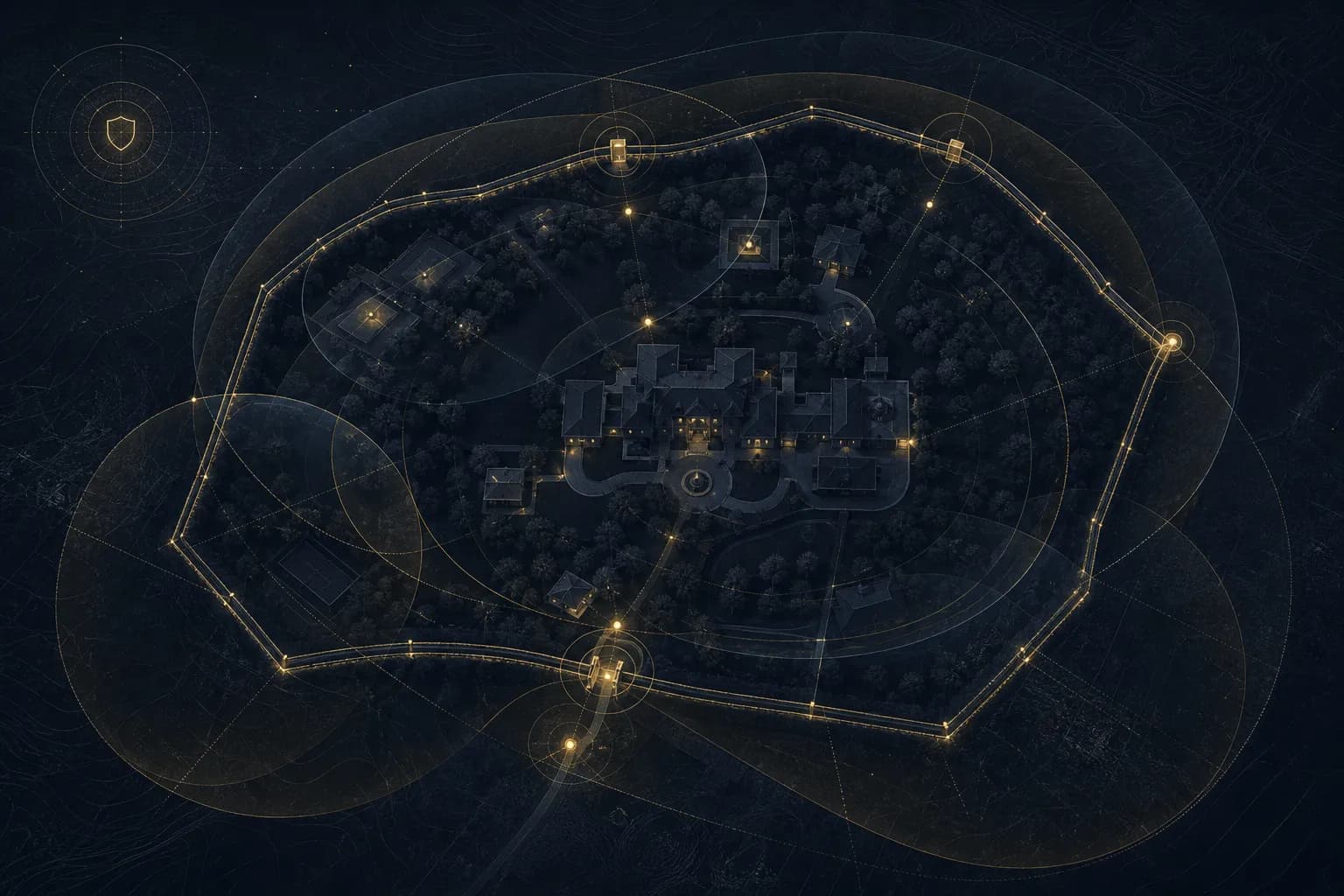 Overhead map of an estate perimeter with gold monitoring nodes representing post-storm overwatch