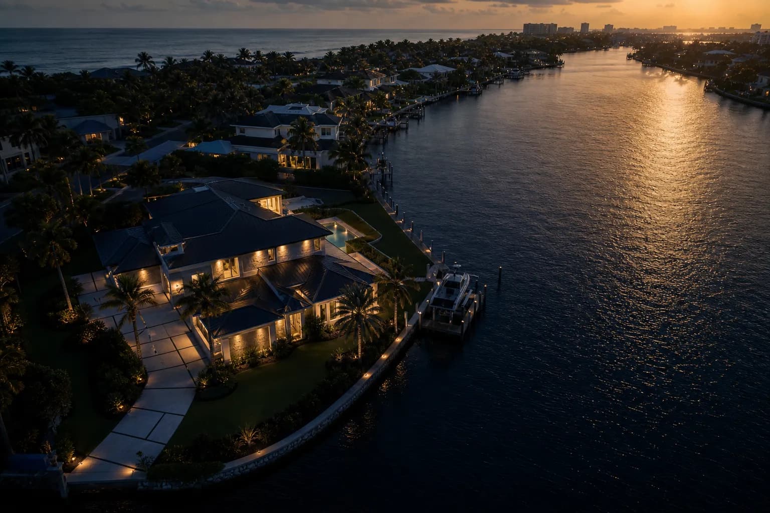 Aerial view of Florida coastline with luxury waterfront estates at dusk