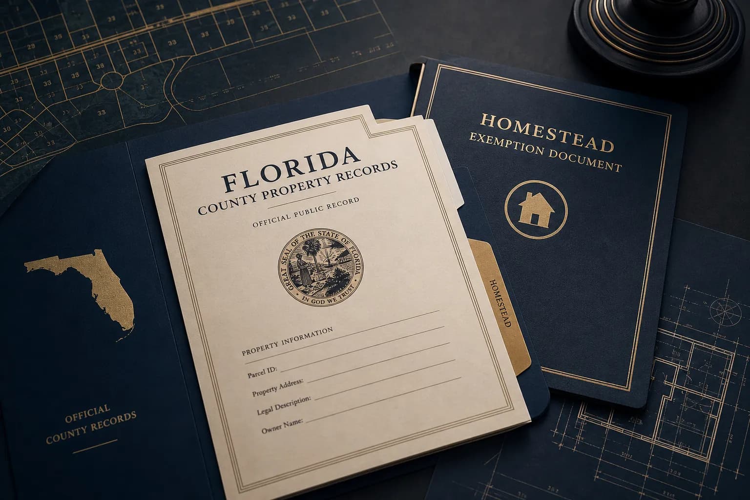 Close-up of official county property records document on dark surface