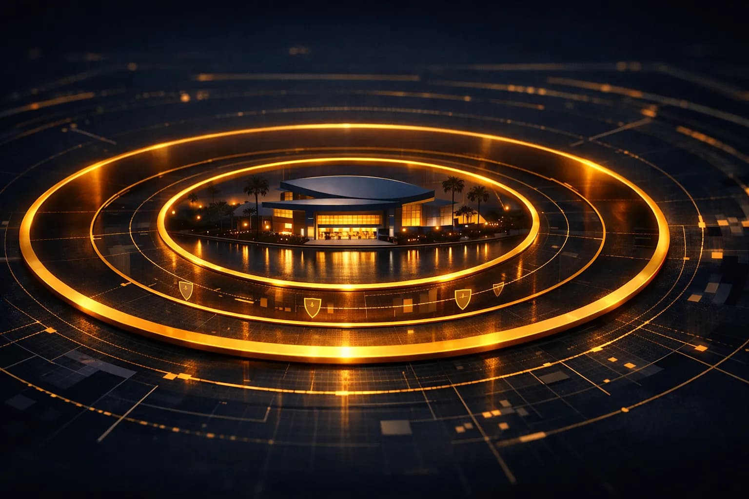 Conceptual overview of secure arrival and departure protocols showing layered protection zones at Florida event venues