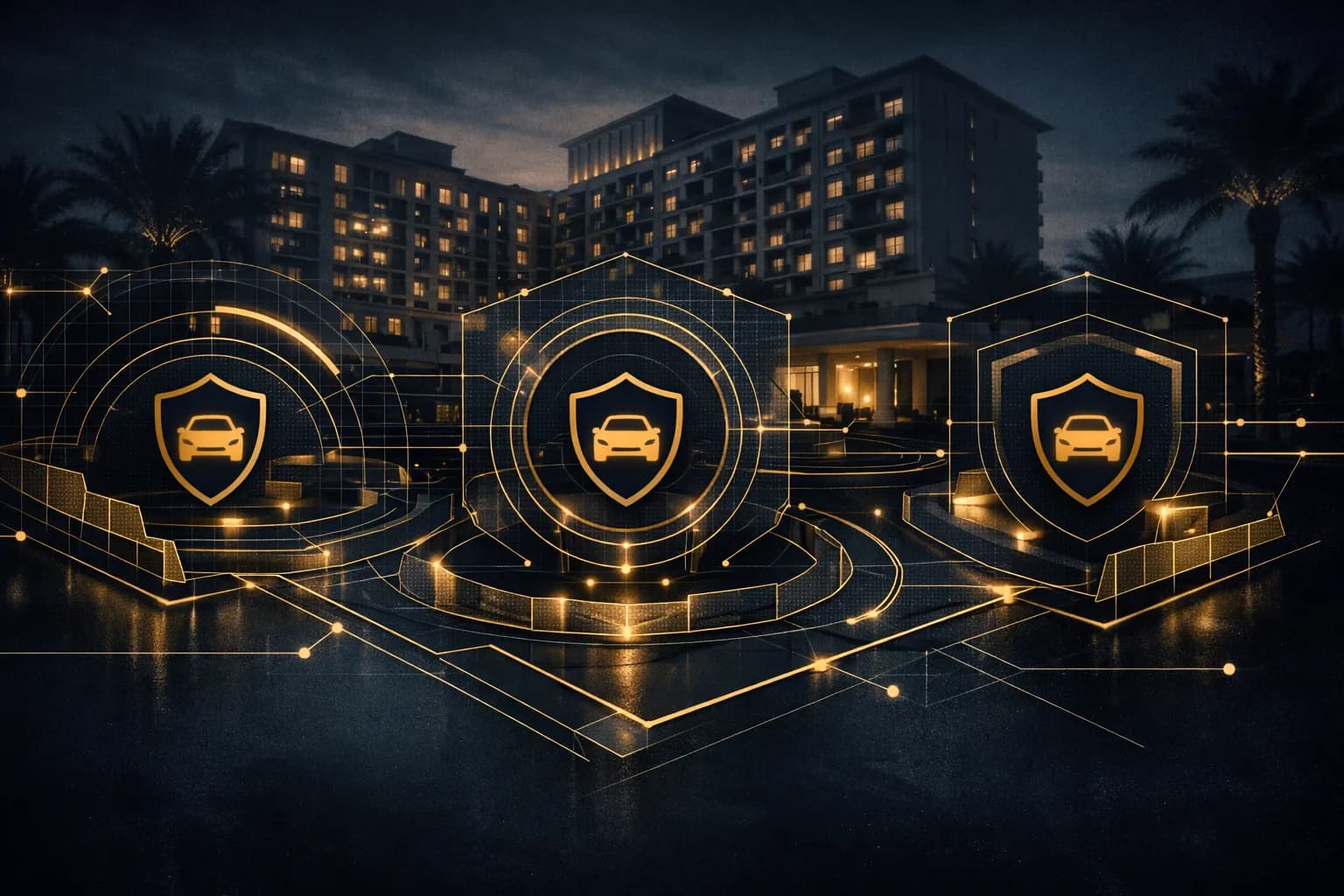 Abstract representation of secure executive departure protocols with pre-positioned vehicles and controlled exit routes