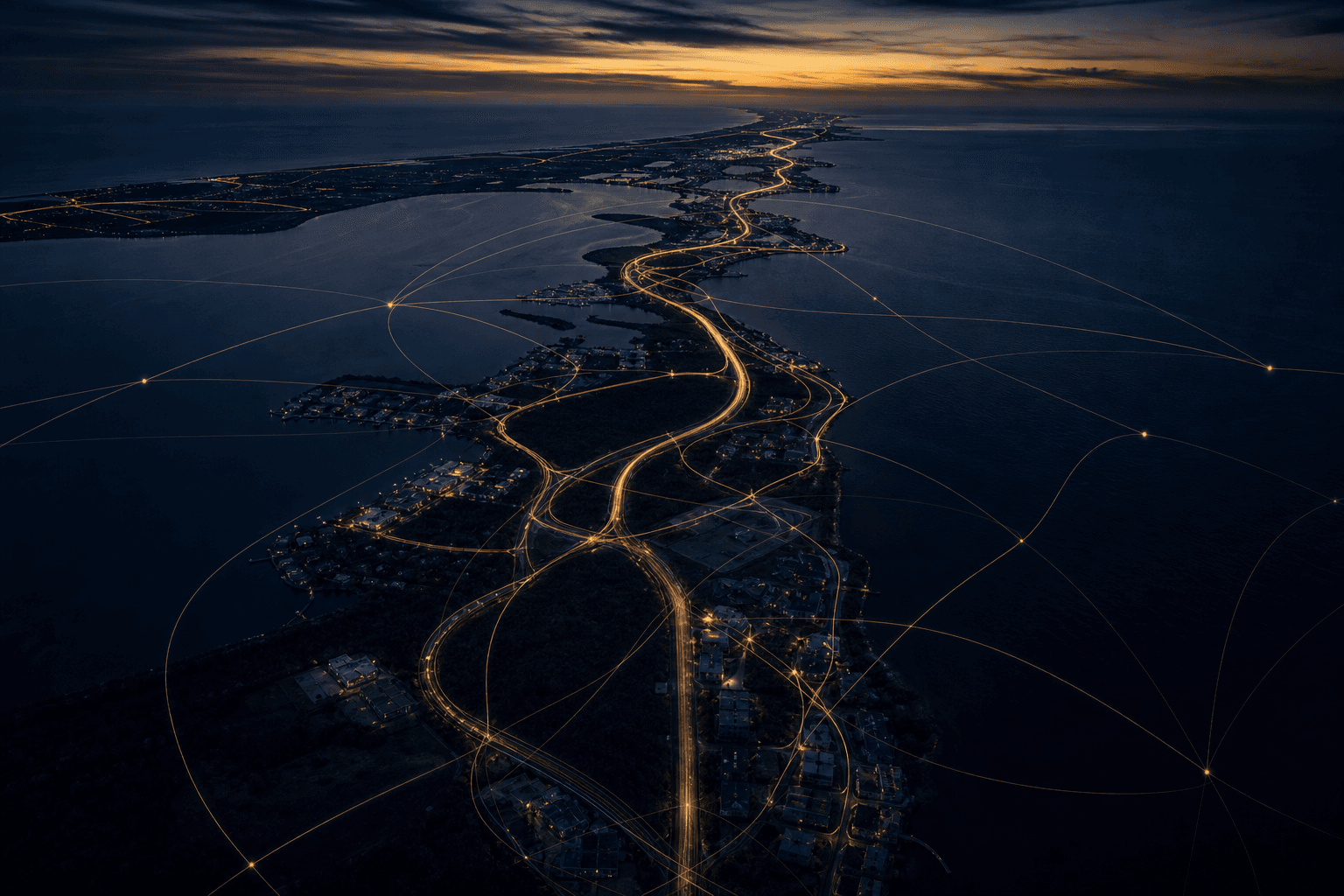 Aerial view of Florida coastal roads at dusk with subtle route overlays indicating varied travel patterns