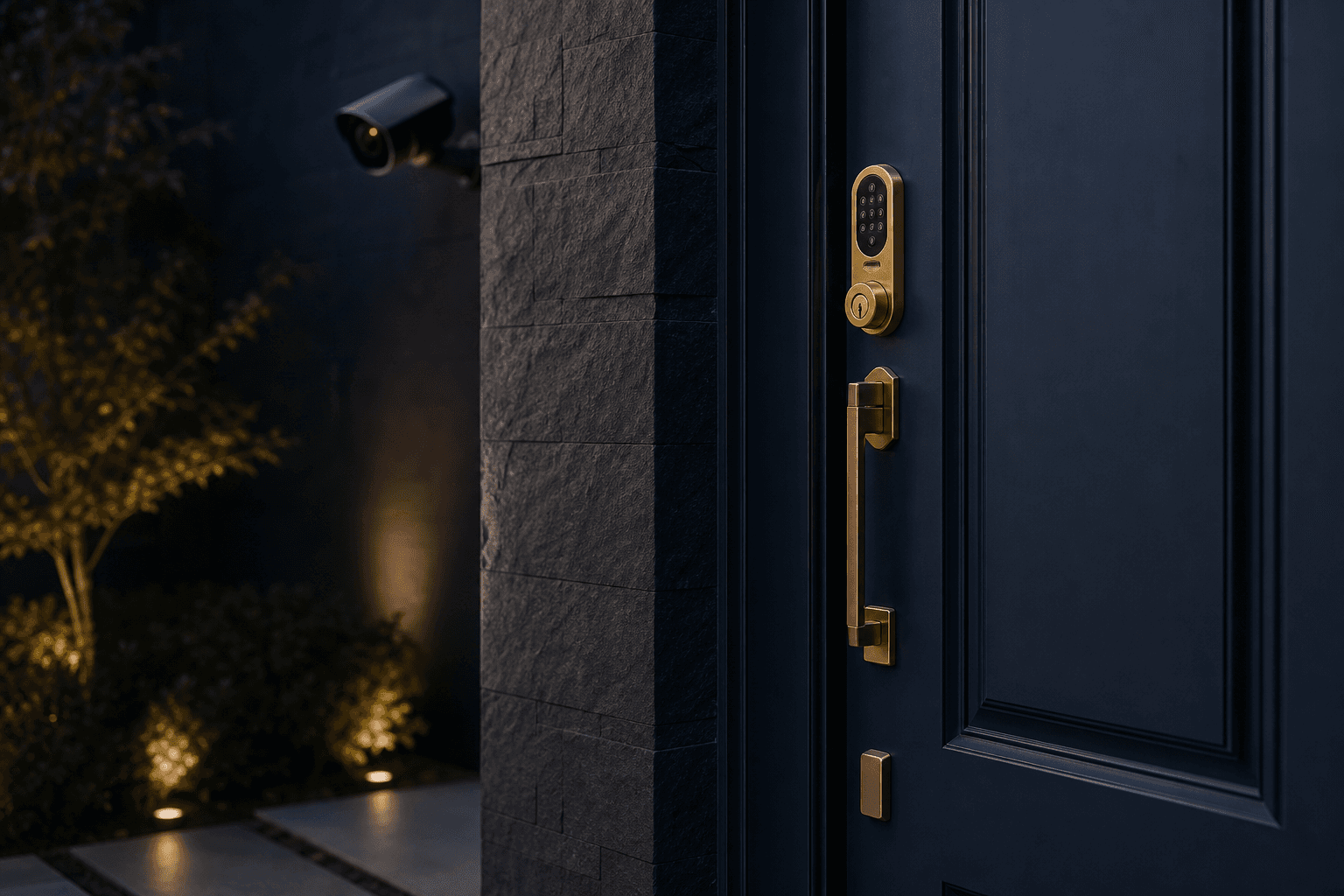 Modern residential entrance with reinforced door, controlled access gate, and surveillance camera under evening lighting