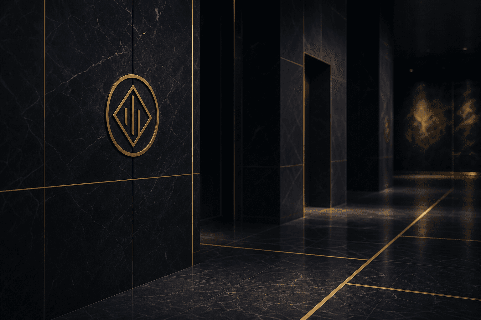 Abstract architectural rendering of a hotel corridor and private suite with subtle protective movement vectors in gold