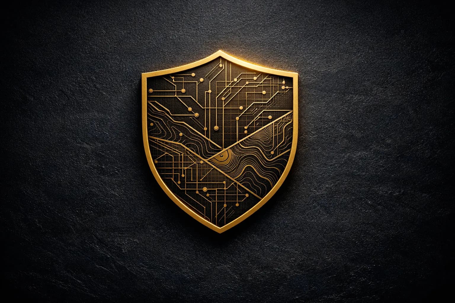 Abstract gold shield icon with strategic network patterns representing the Lioness Program operational framework