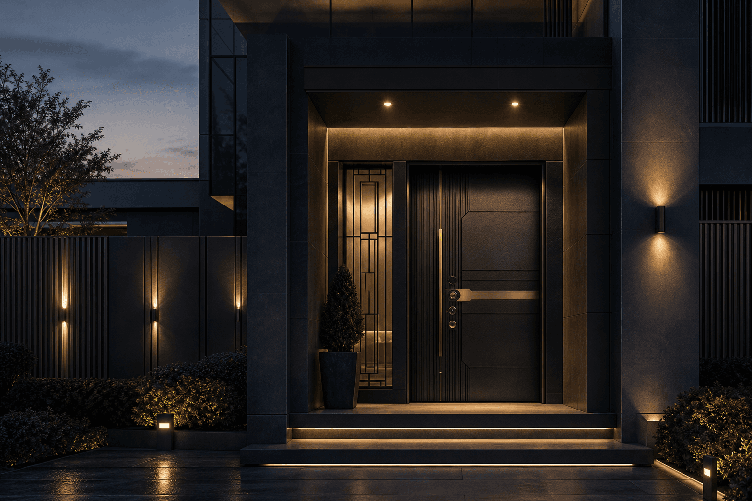 Minimalist architectural rendering of a secure residence entrance with layered access controls at dusk