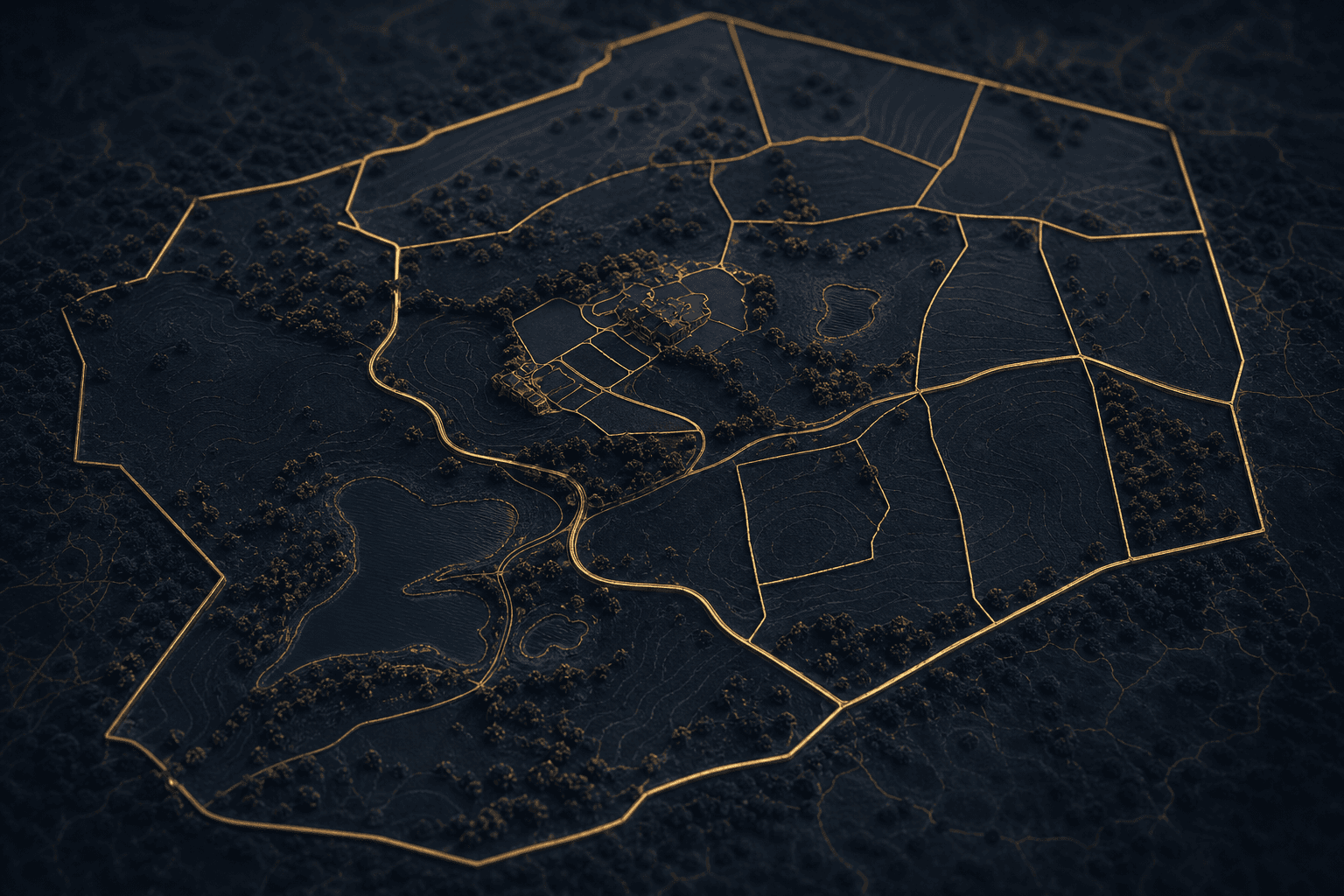 Abstract overhead view of a divided estate layout with protective perimeters marked in gold on dark navy background