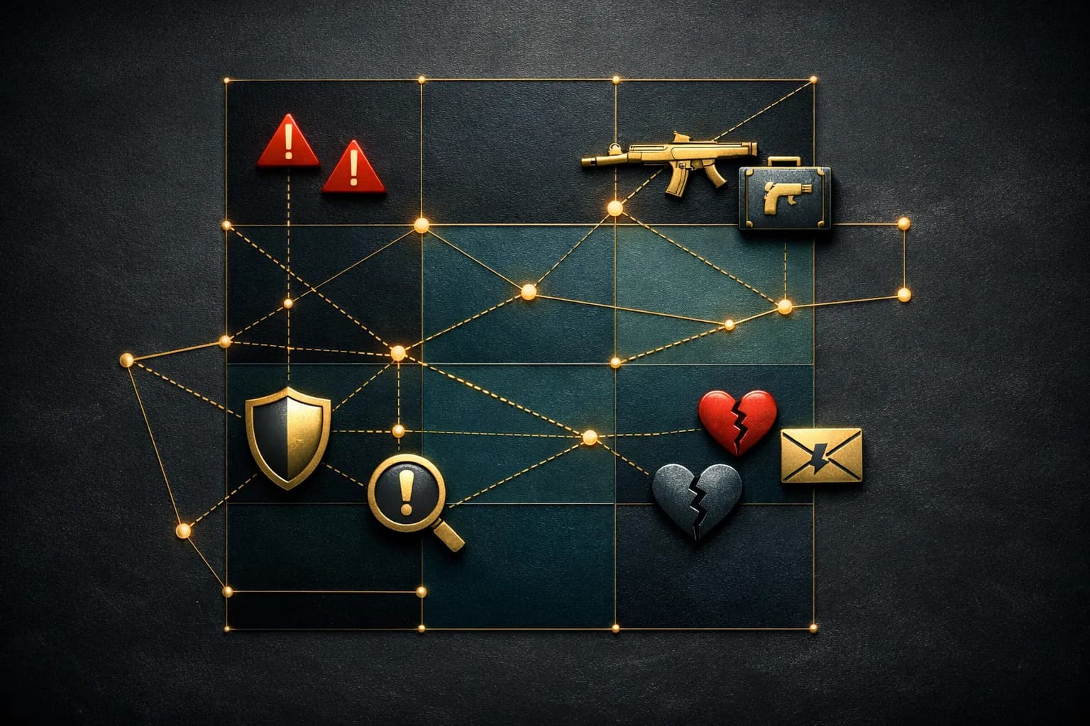 Abstract risk assessment matrix with layered indicators for workplace termination threat evaluation