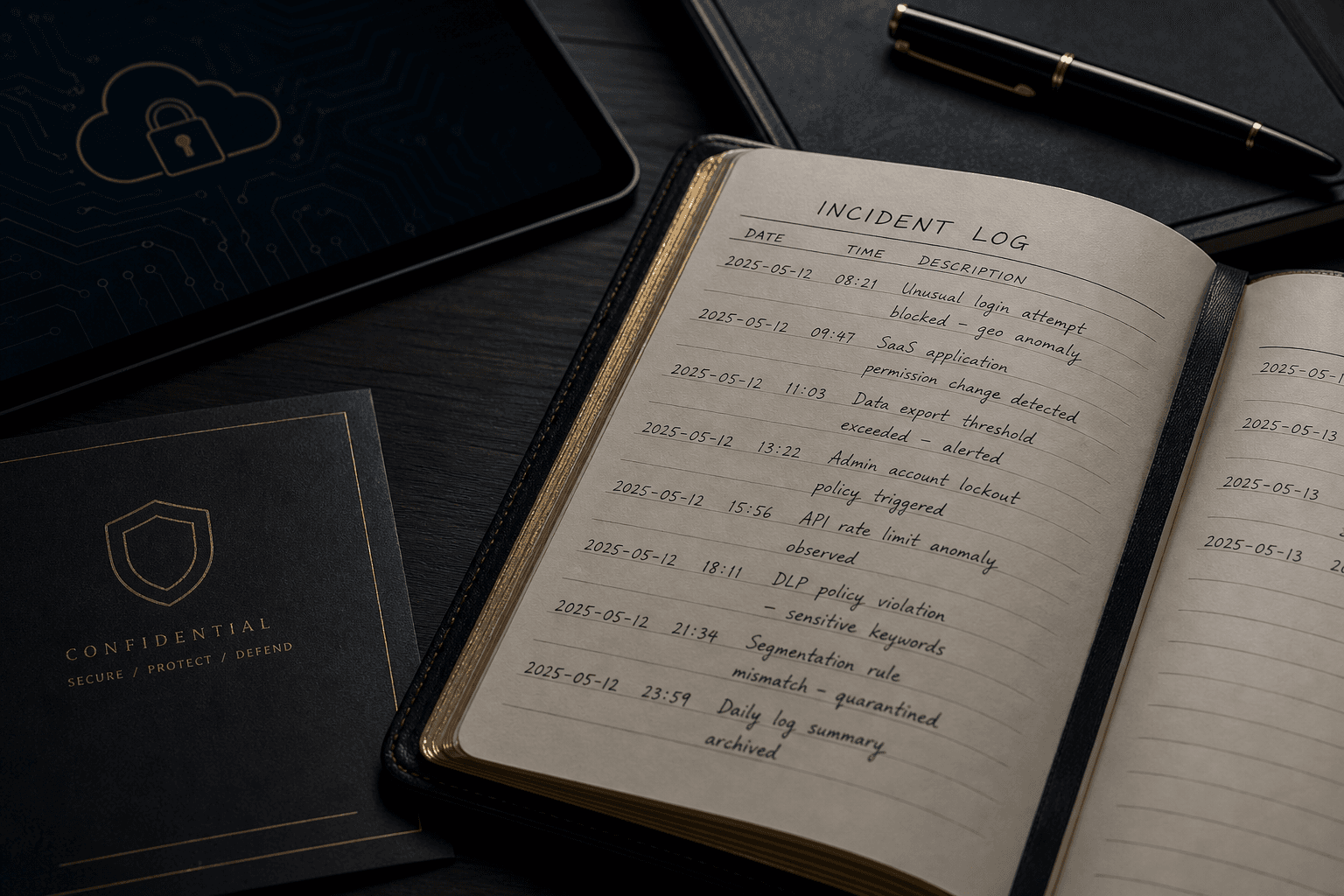 Close-up of organized incident log notebook with timestamps and secure cloud backup icon on dark desk surface