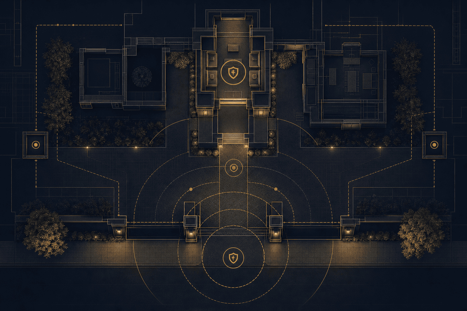 Abstract blueprint-style layout of residential entry points with motion sensor zones marked in gold on dark background