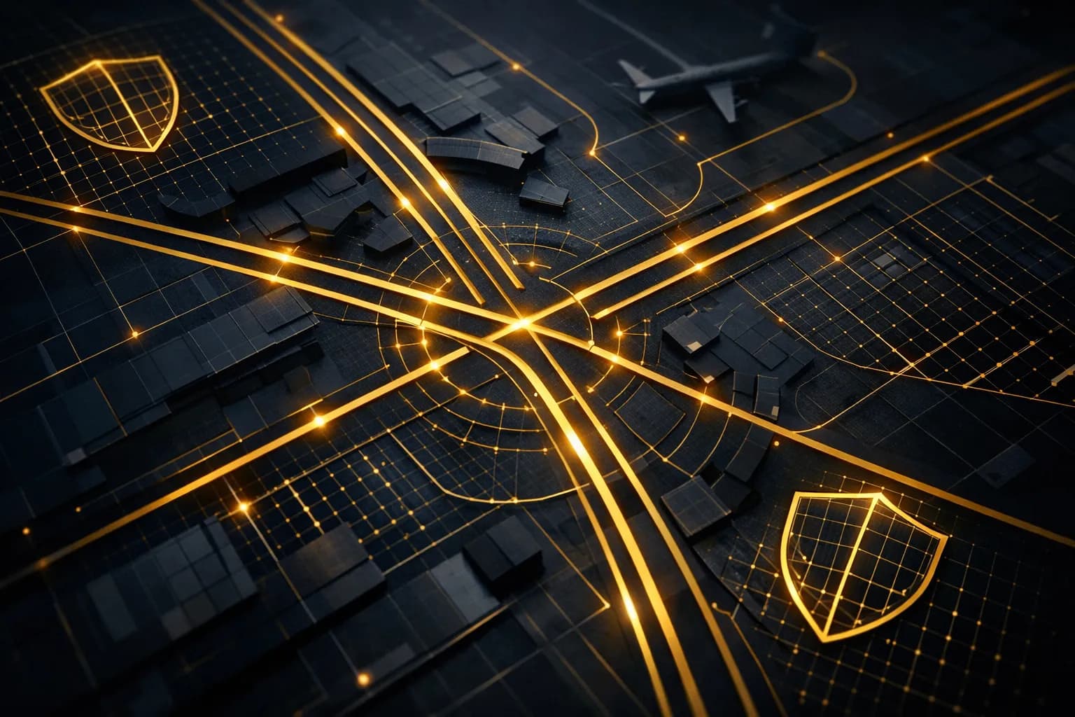 Abstract overhead view of Miami airport terminal routes with layered security grid patterns in deep navy and gold tones