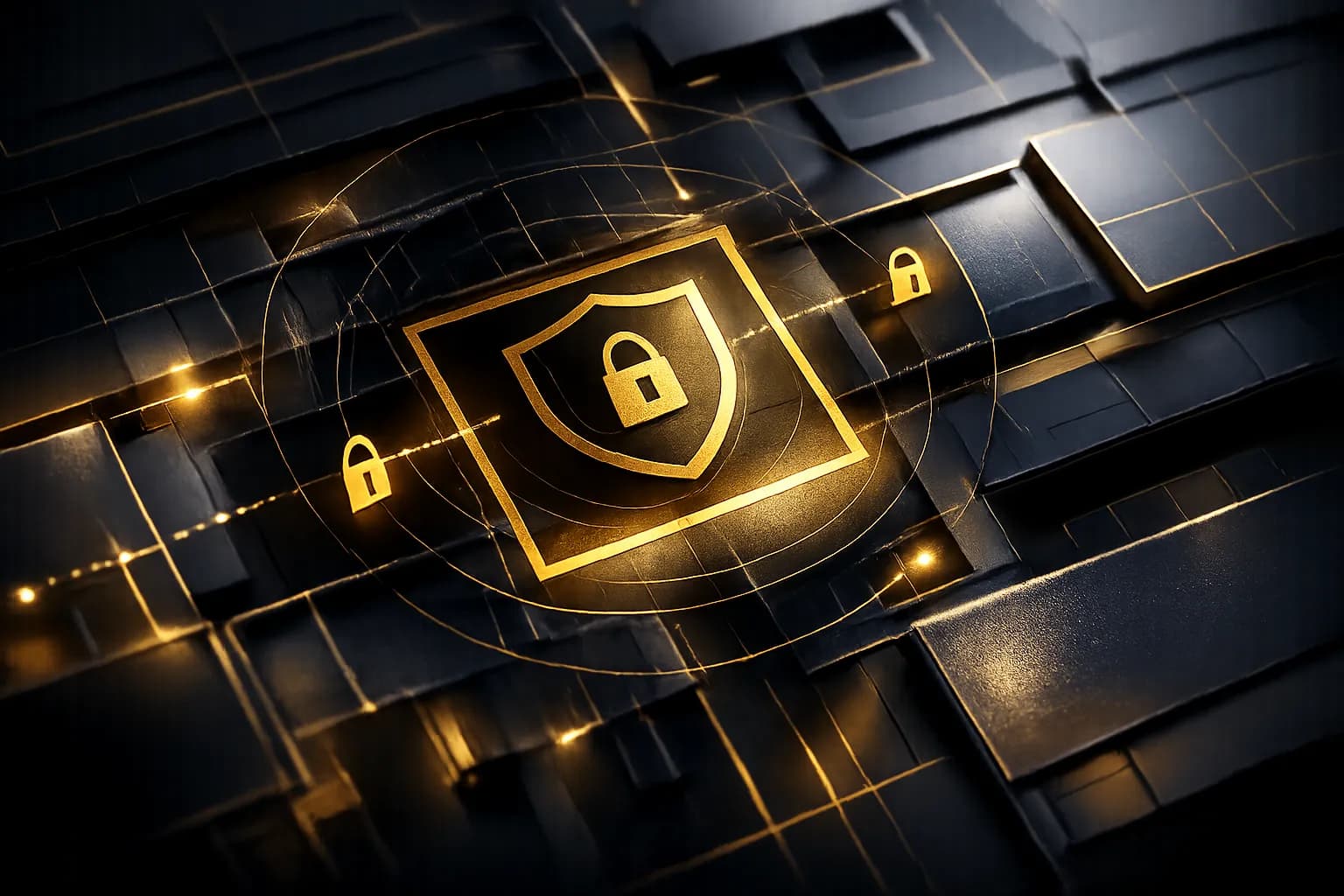 Conceptual image of layered architectural security patterns over a luxury Miami hotel floorplan in moody navy and metallic gold