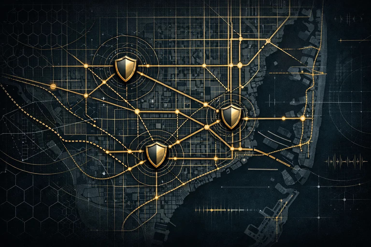 Abstract diagram of pre-planned route networks across Miami with counter-surveillance overlays in dark professional tones