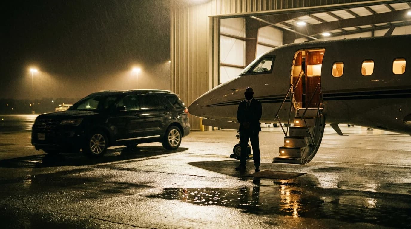 A protective agent and black SUV waiting beside a private jet on a rain-slick ramp at night