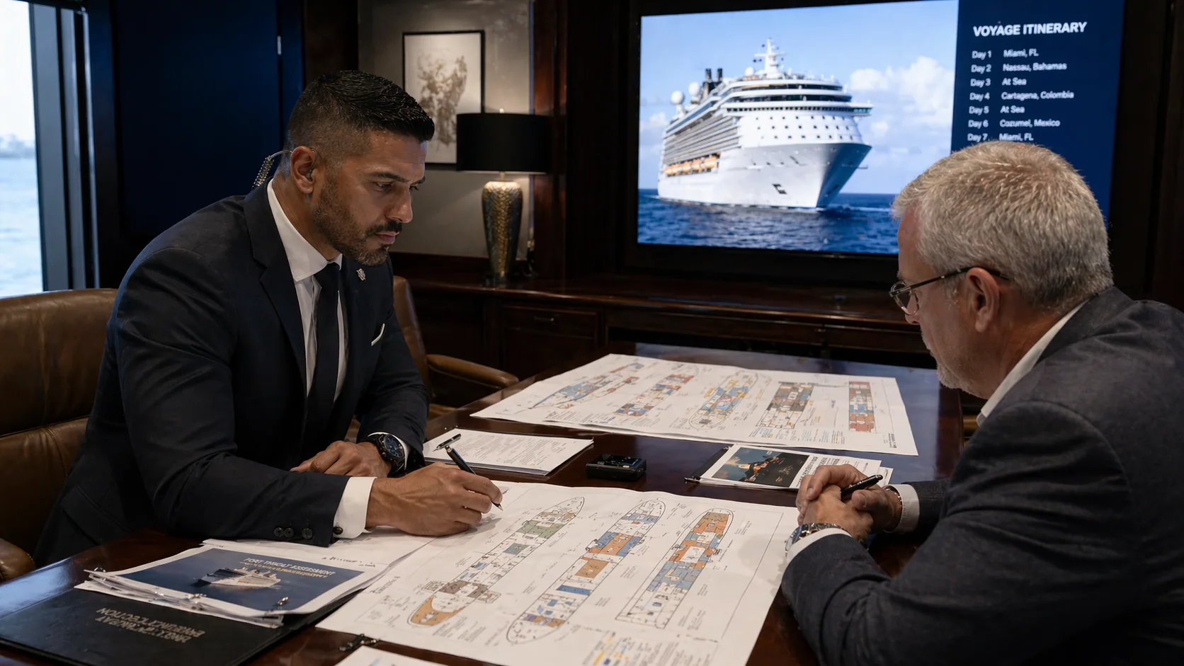 Pre-sailing planning and advance work for an executive cruise engagement