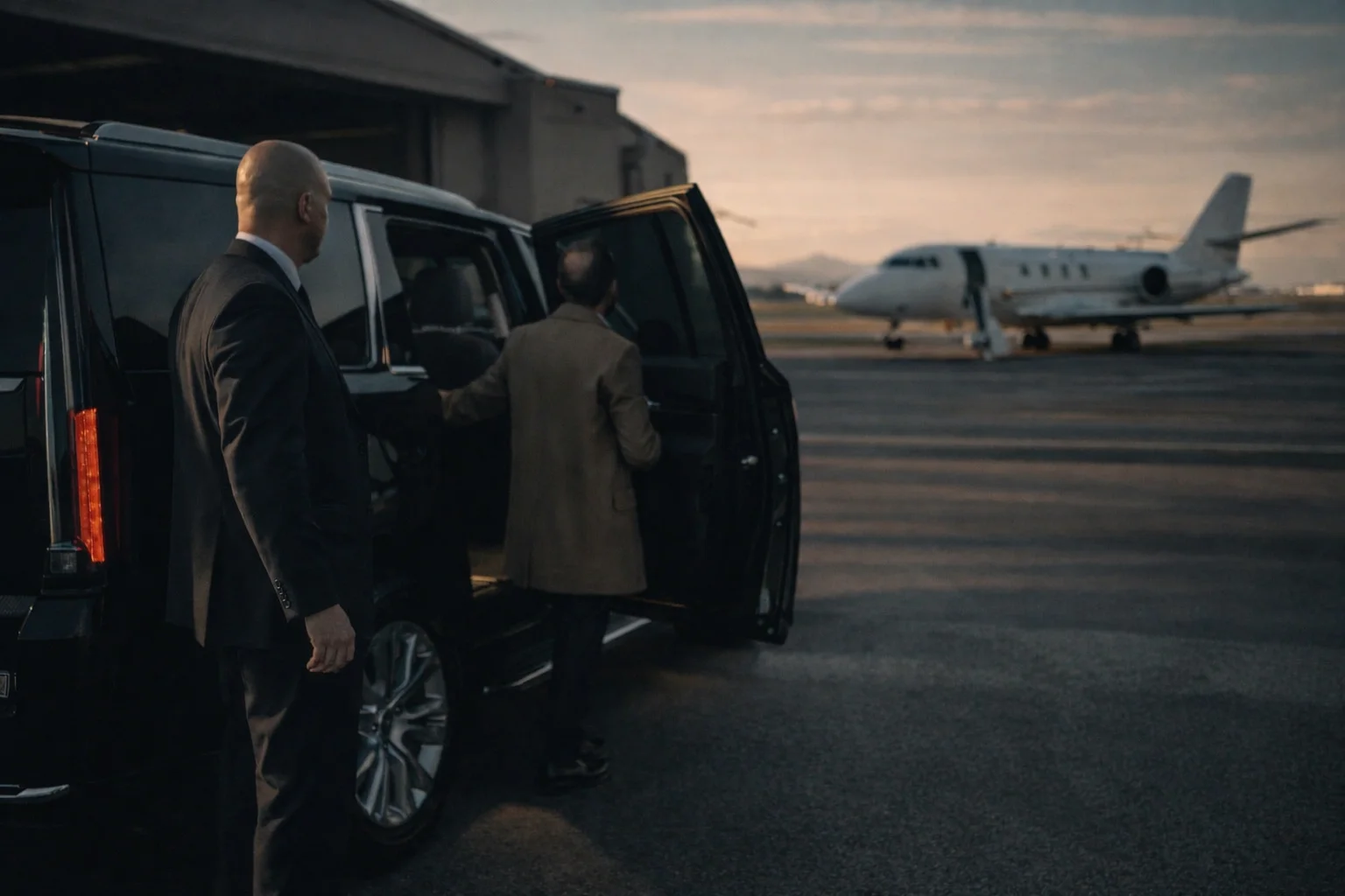Executive protection detail at a private airport terminal for domestic travel security