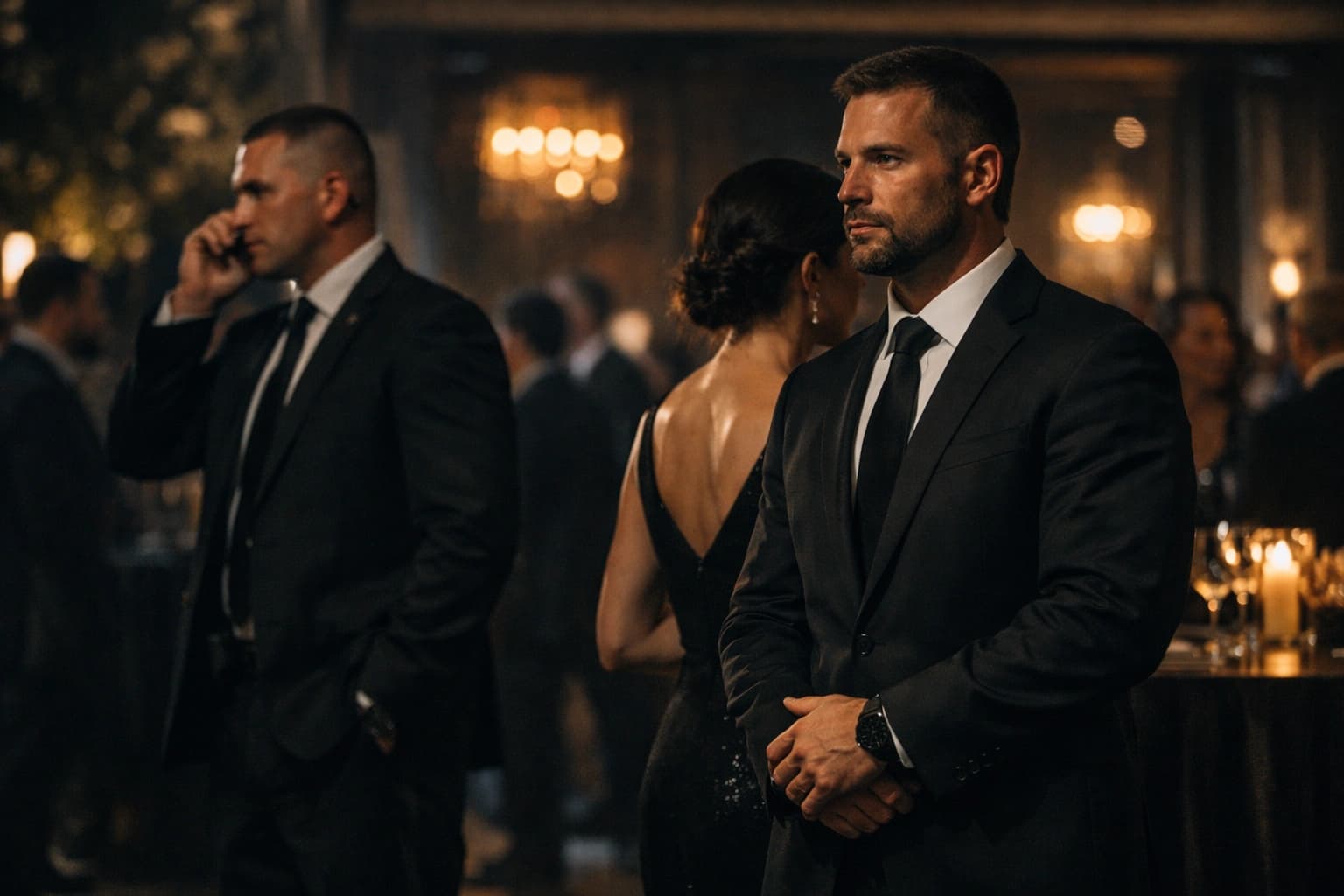 Executive protection operators providing discreet on-site security at a high-end event