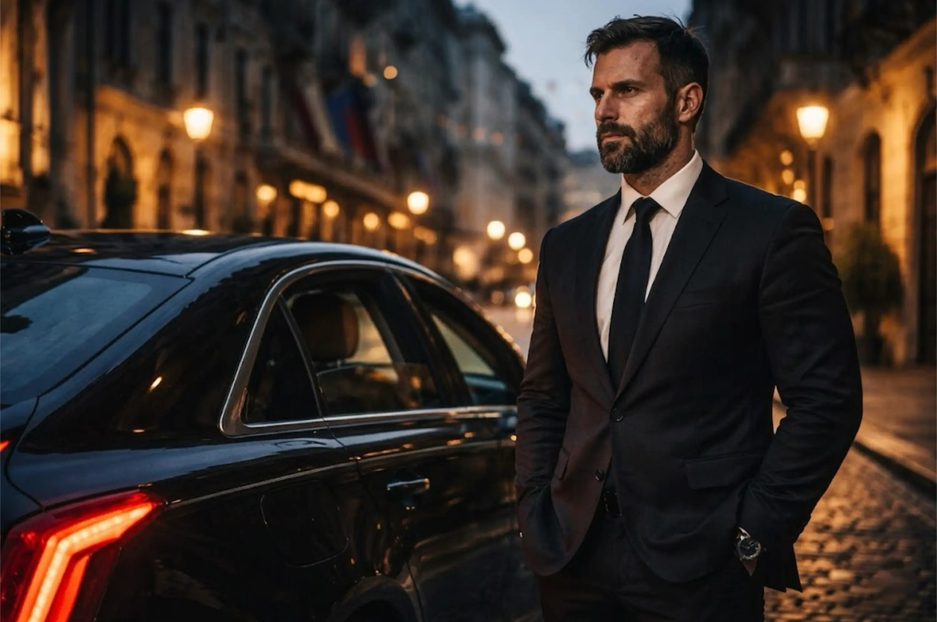 Executive protection operator maintaining security in a foreign city