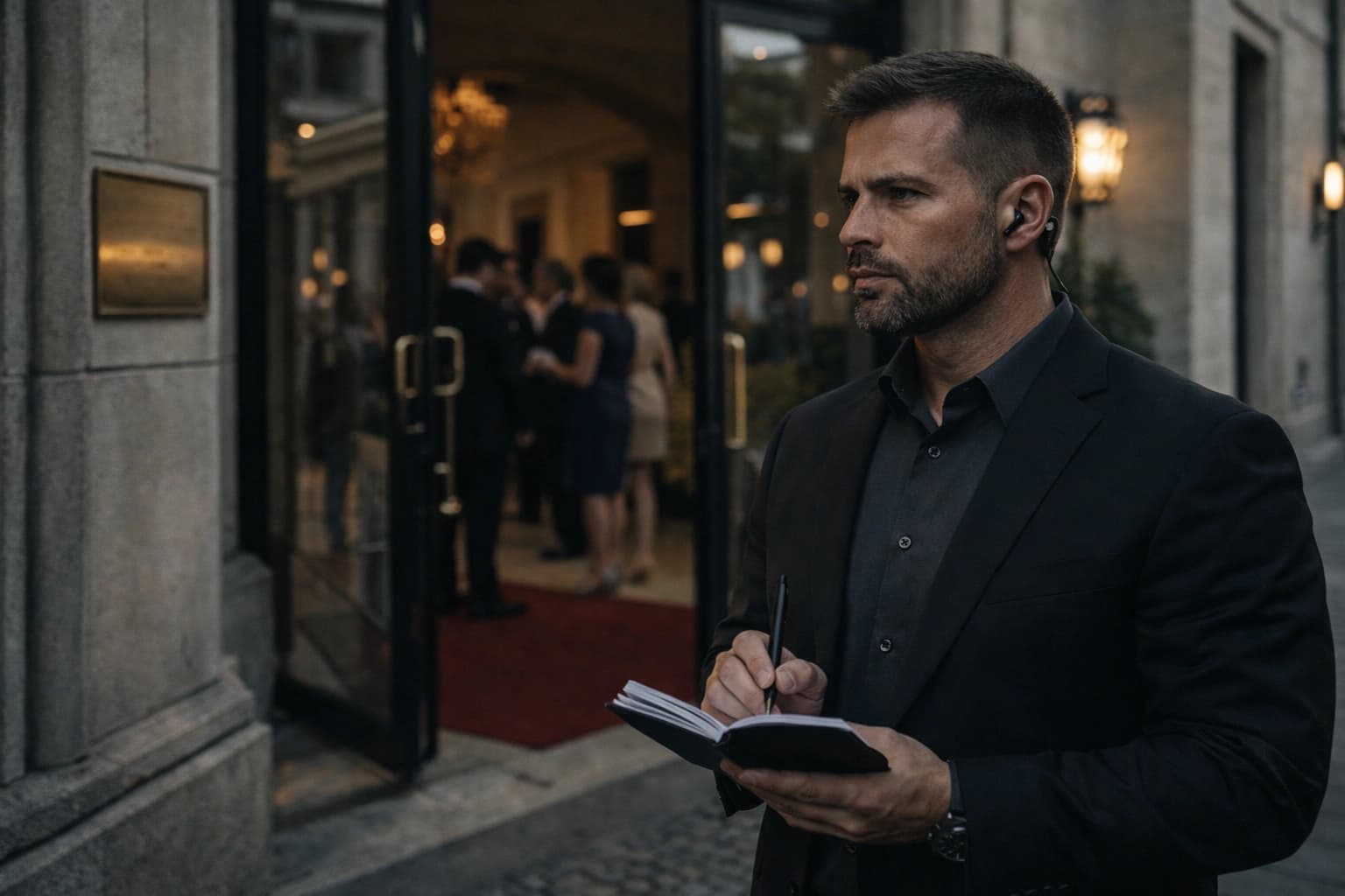 Advance team member conducting discreet venue survey