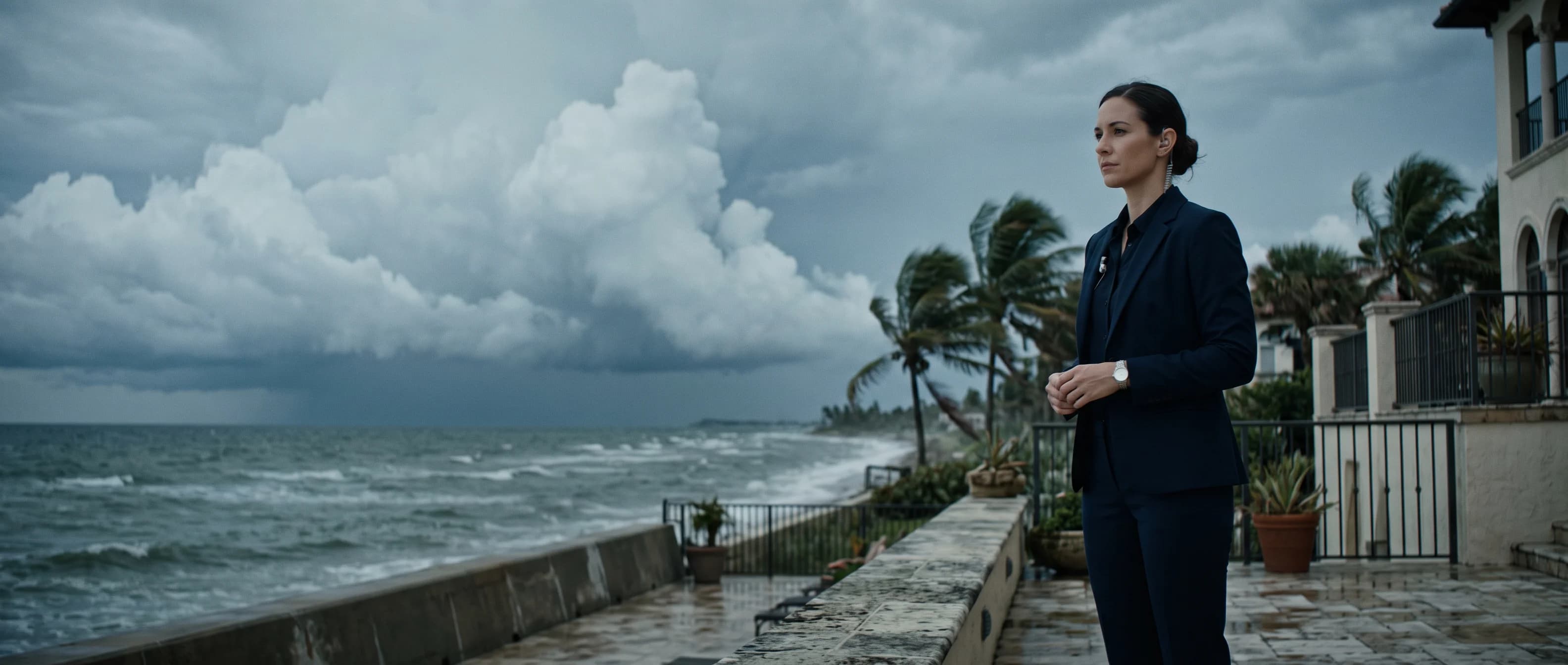 Executive protection specialist watching an approaching hurricane from a Florida coastal estate
