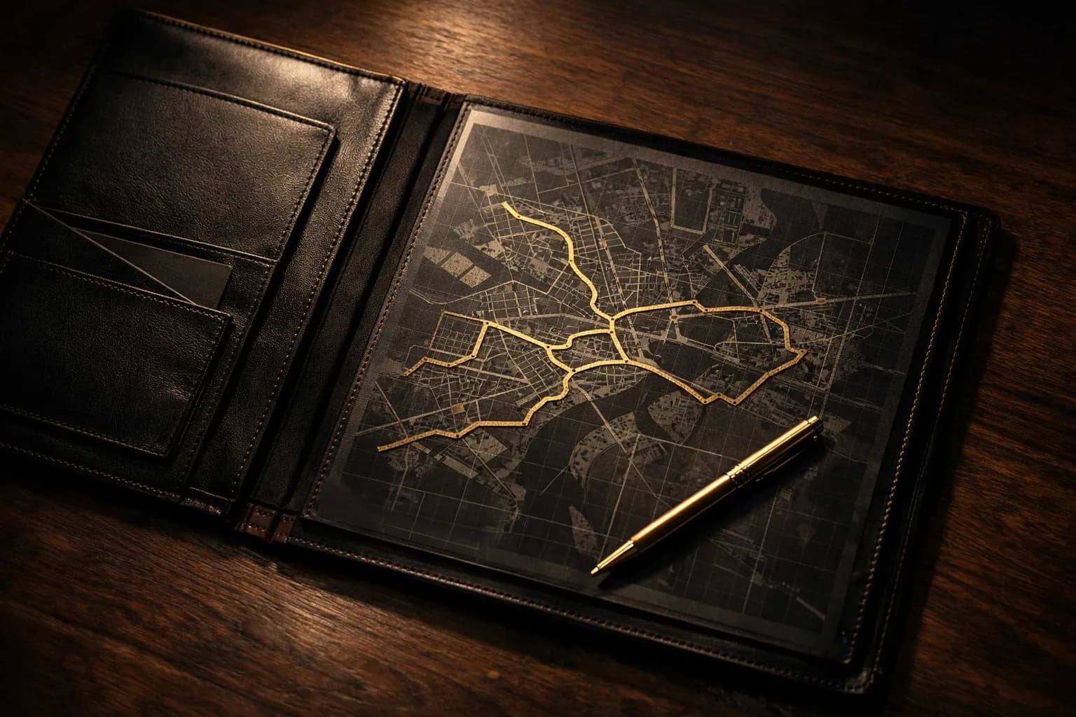 Executive protection specialist conducting detailed venue assessment and route planning for secure client travel