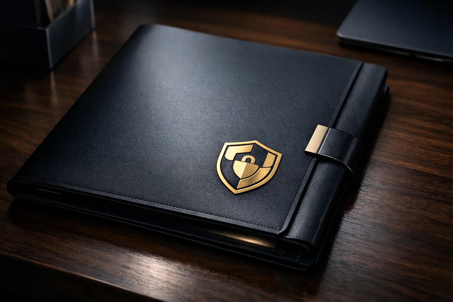 Abstract image of sealed operational briefing folder on dark executive desk with gold security emblem